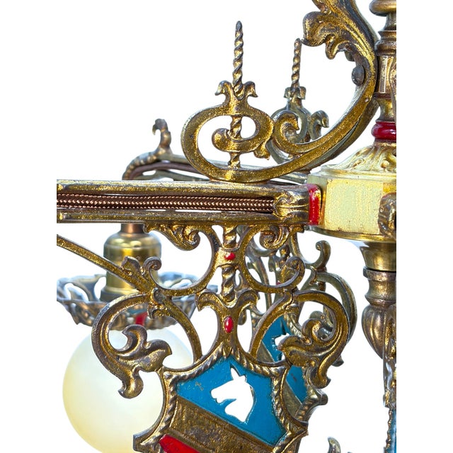 1910s Cast Brass Semi Flush Ceiling Light With Red and Blue Embellishments Circa 1915 For Sale - Image 15 of 16