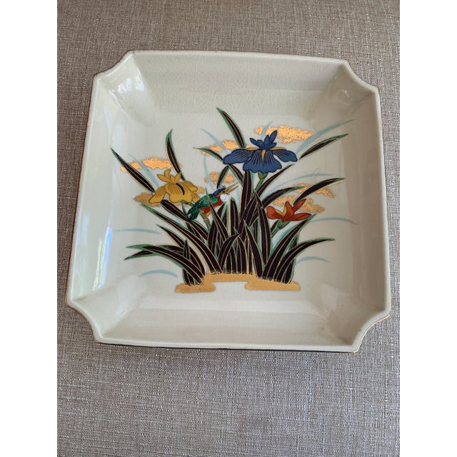 Vintage Japanese decorative porcelain plate beautifully decorated with gorgeous colors and irises design typical of Toyo...