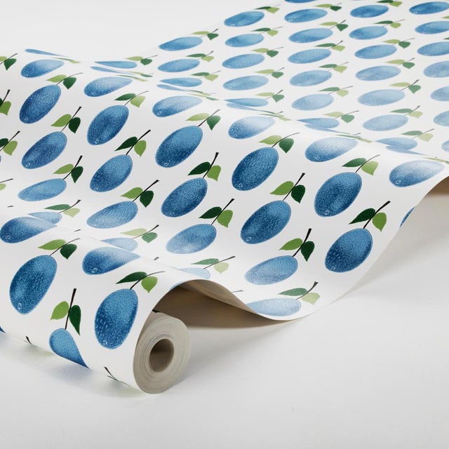 Prunus in blue, a whimsical vintage print featuring delicious plums, was designed by Swedish master Stig Lindberg for...