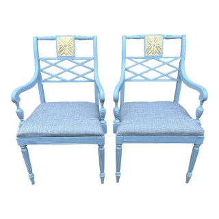 Arm Chairs Regency Style Blue Painted Vintage For Sale