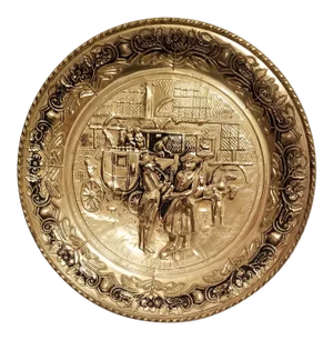 Vintage Hammered Brass Repousse Wall Plate England Carriage People