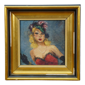 Mid 20th Century Vintage Masquerade Portrait of a Woman Oil Painting on Board 8"