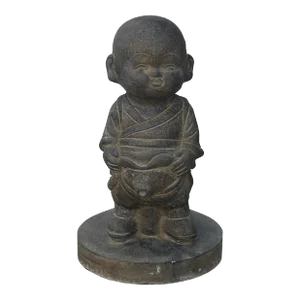 Chinese Dark Gray Stone Standing Garden Cute Lohon Monk Statue