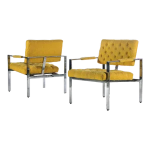 Tagged Milo Baughman for Thayer Coggin Chrome Lounge Chairs in Tufted Canary, USA, circa 1970's - A Pair