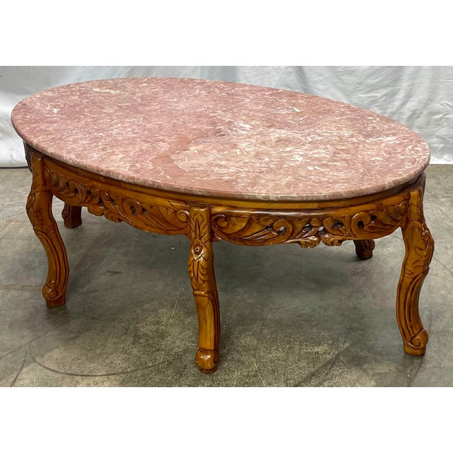 Vintage Travertine Pink Marble Oval Carved Pear Wood Coffee Table