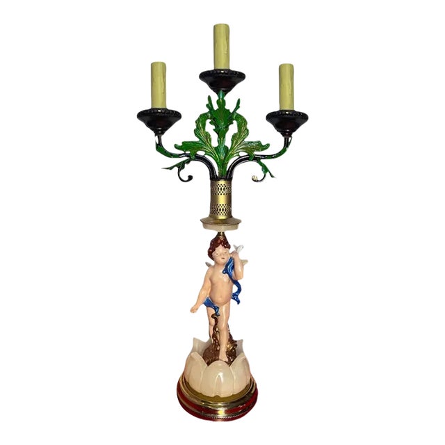 Mid-Century Tole Candelabra Table Lamp: Cherub Alabaster Flower For Sale