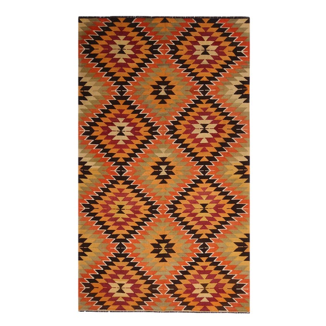 Vintage Mid-Century Mut Geometric Green Orange Wool Kilim Rug- 5′9″ × 10′ For Sale