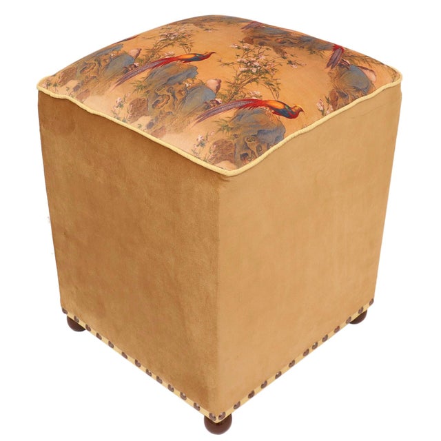 Wood Chinese Nature-Sceen Italian Velvet Upholstered Ottoman For Sale - Image 7 of 9