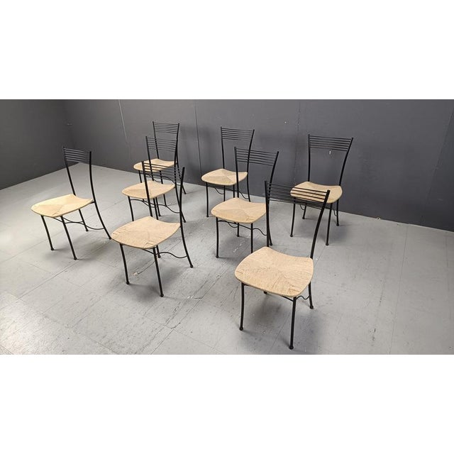 Black Vintage Italian Bistro and Papercord Dining Chairs, 1980s, Set of 8 For Sale - Image 8 of 12