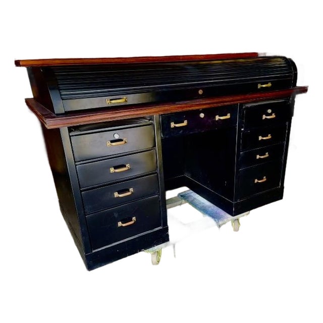1950s Industrial Roll-Top Metal Tanker Desk With Brass Detailing For Sale