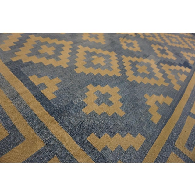 1930s Blue Geometric Tribal Antique Indian Cotton Dhurrie Rug 10' X 12'2" Flatweave Carpet For Sale - Image 4 of 11