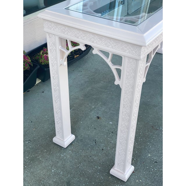 Vintage John Stuart Palm Beach Coral Lacquered Fretwork Glass Top Console Table For Sale - Image 9 of 13