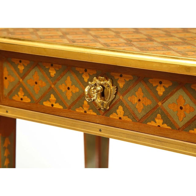 Exceptional Pair of French Ormolu-Mounted Parquetry and Marquetry Side Tables For Sale - Image 13 of 17