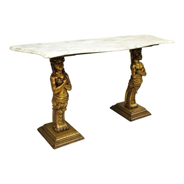 French Renaissance Victorian Style Gold Figural Console Table With Marble Top For Sale
