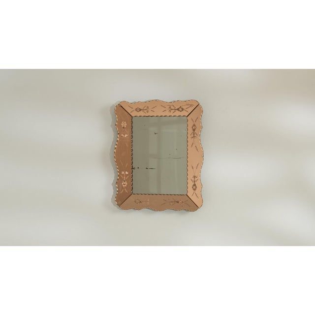 Blush 1940-1949 Italy Warm Blush Pink Carved Wood Mirror With Etched Border For Sale - Image 8 of 9