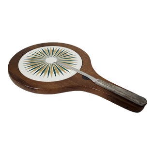 Mid Century Modern Walnut Small Cheese Tray With Ceramic Center and Knife For Sale