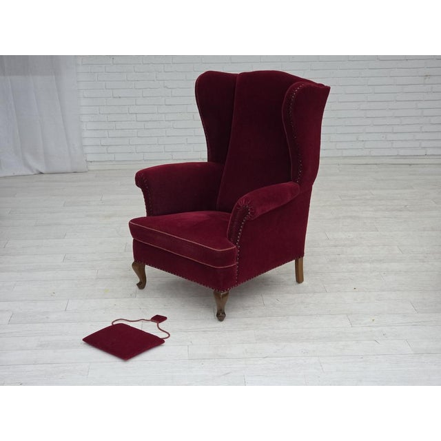 Danish Highback Wingback Armchair in Cherry-Red Velour, 1960s For Sale - Image 18 of 18