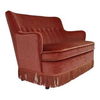 1970s, Danish Velour 2 Seater Sofa, Original Condition, Beech Wood. For Sale