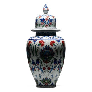 Handmade Ceramic Iznik Shah Vase with Lid (Classic Floral Style) Red Carnation and Central Hatayi Medallion For Sale