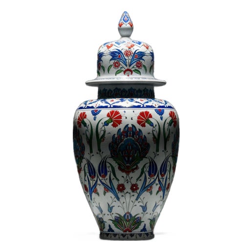 Handmade Ceramic Iznik Shah Vase with Lid (Classic Floral Style) Red Carnation and Central Hatayi Medallion For Sale