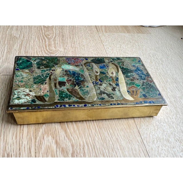 Mid-Century Modern Vintage Mexican Brass & Semiprecious Stone Mosaic Box With Stylized Swan Motif, in the Style of Los Castillo, Circa 1950s For Sale - Image 3 of 7