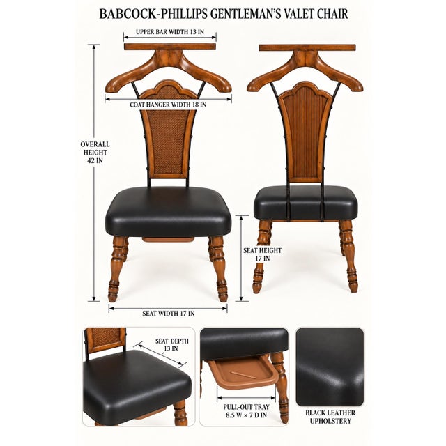 Wood Vintage Babcock-Phillips Gentleman’s Valet Chair With New Black Leather Seat For Sale - Image 7 of 11