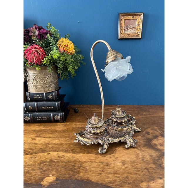 Metal Antique Brass Desk Lamp With Frosted Glass For Sale - Image 7 of 18
