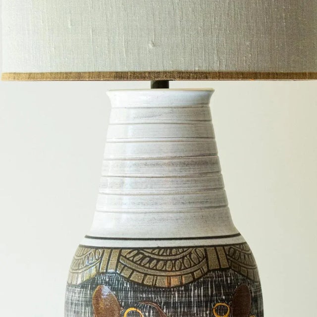 Ceramic Floor Table Lamp with Silk Lampshade attributed to R. Houben, 1970s For Sale - Image 9 of 10