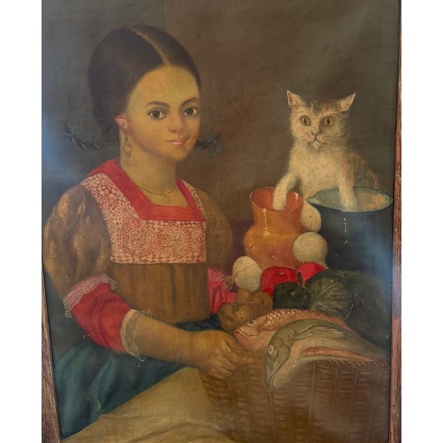 1940s Horacio R. Rocha Painting of Girl With Cat 1940's For Sale - Image 5 of 14