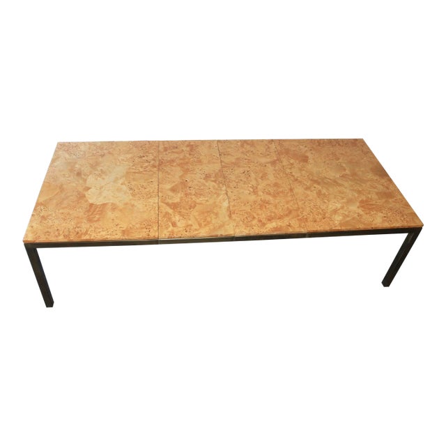 1970s Tomlinson Postmodern / Mid Century Olive Burl Wood & Brass Dining Table For Sale