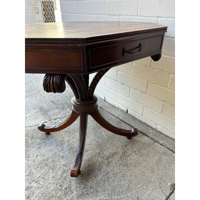 Antique English Regency-Style Drum Table Is Constructed From Mahogany Wood and Features an Octagonal Leather Top With Gold Tooling For Sale - Image 10 of 10