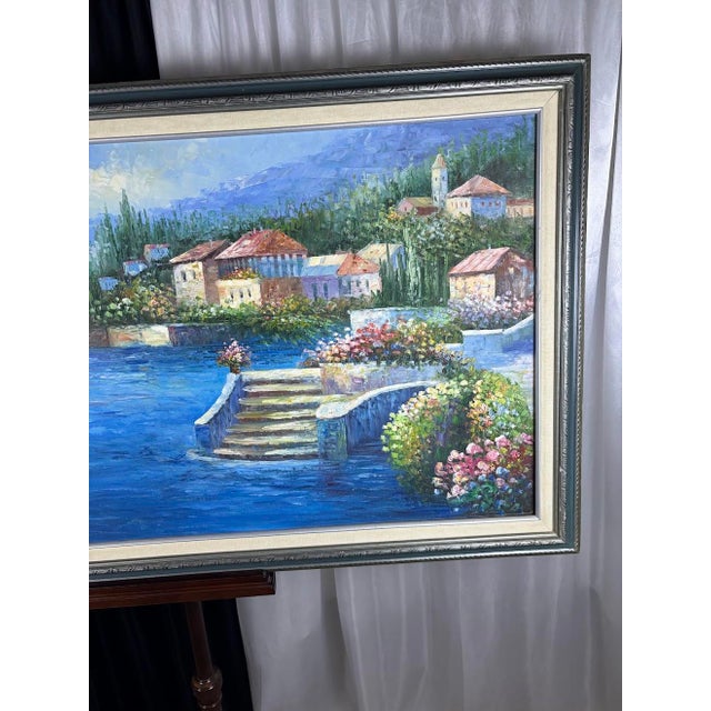 Blue Large Mid-Century Style Mediterranean Coastal Village Framed Oil Painting - Signed "Linda" For Sale - Image 8 of 9