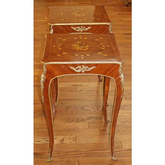 1990s Pair of French Louis XV Style Mixed Wood Inlaid Ormolu End Tables For Sale - Image 11 of 12
