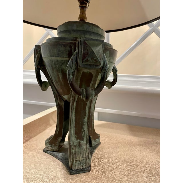 Lang-Levin Late 20th Century Lang Levin Studios Antique Green Metal Urn Form Table Lamp Set With Shades - a Pair For Sale - Image 4 of 7