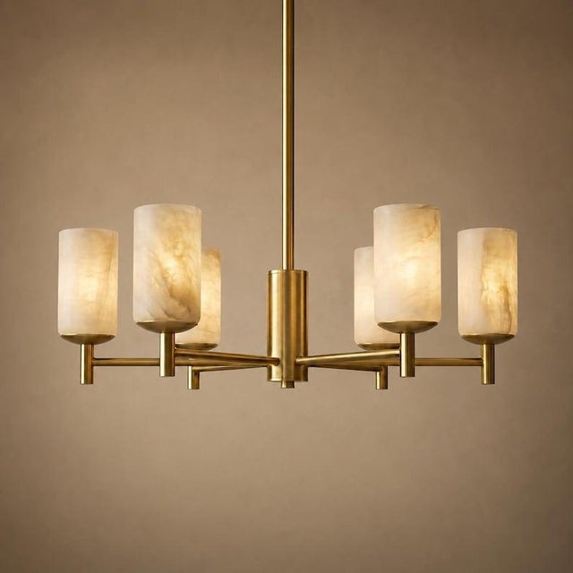Stone 6 Light Alabaster Chandelier, Modern Brass Chandelier, Natural Stone Ceiling Light, Luxury Mid Century Dining Room Lighting For Sale - Image 7 of 9