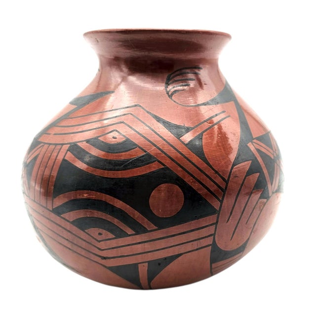 Late 20th Century Signed Lupe Soto Mata Ortiz Hand Painted Black on Red Geometric Burnished Pottery Vase 6" For Sale - Image 5 of 11