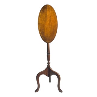 Vintage English Georgian Style Banded Mahogany Tilt Top Candlestick Table For Sale