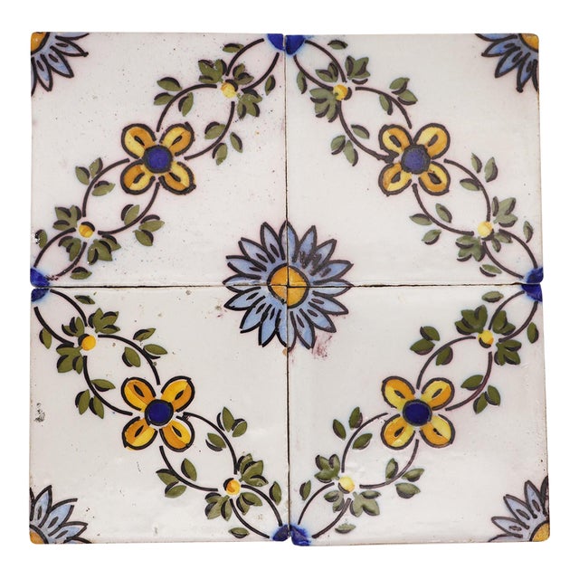 19th Century Set of Four Floral Tiles, Portuguese Baroque For Sale
