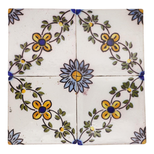 19th Century Set of Four Floral Tiles, Portuguese Baroque