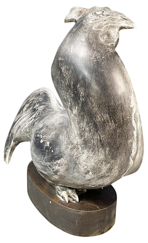 Italian Modern Rooster Statue in Grey Ceramic and Wood, 1980s