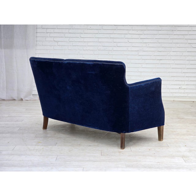 Wood Danish Two-Seater Sofa in Dark Blue Furniture Velour, 1960s For Sale - Image 7 of 15