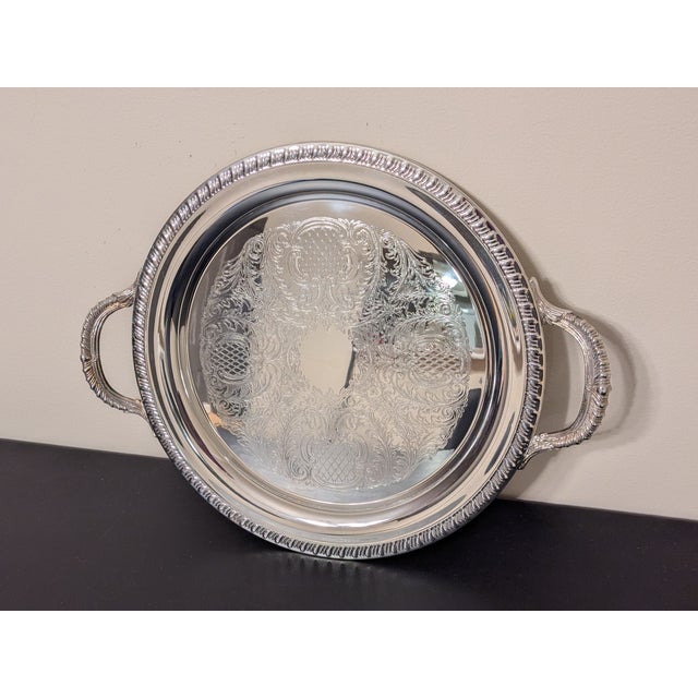 Metal Vintage Fb Rogers Hollywood Regency Chased Silverplate Handled Serving Tray - 12.25" For Sale - Image 7 of 11