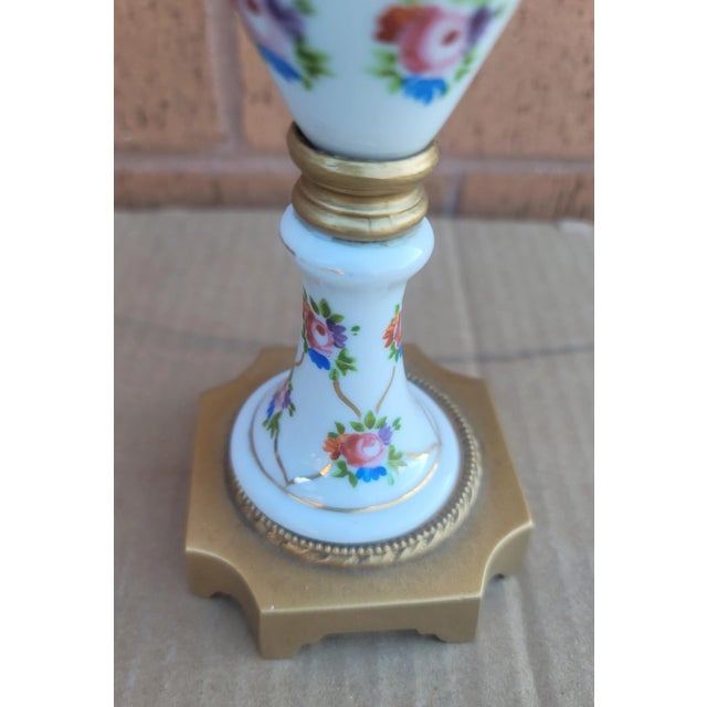 Pair of French Hand-Painted Porcelain and Gilt Metal Amphoras For Sale - Image 4 of 8