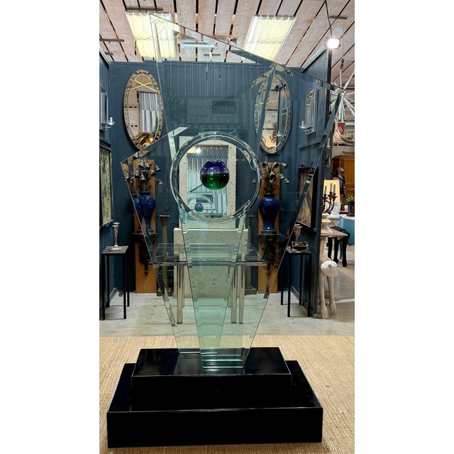 “Equilibrium” Monumental Architectural Studio Glass Sculpture with Suspended Sommerso Vase, 101 Inches High, American,...