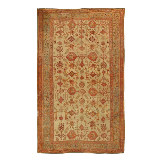 Late 19th Century Turkish Oushak Rug Soft Ivory Field, Terracotta & Gold Tones For Sale
