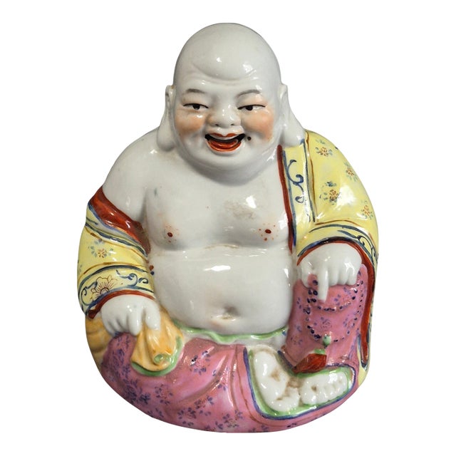 Vintage Famille Rose Hand Painted Laughing Happy Buddha Marked For Sale