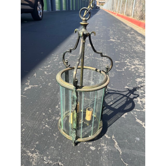 Neoclassical 1950s 3-Light Brass & Belved Glass Cylinder Foyer Chandelier / Lantern For Sale - Image 3 of 12