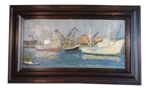 Mid 20th Century Harbor Scene Oil Painting by Marie Cofalka, Framed