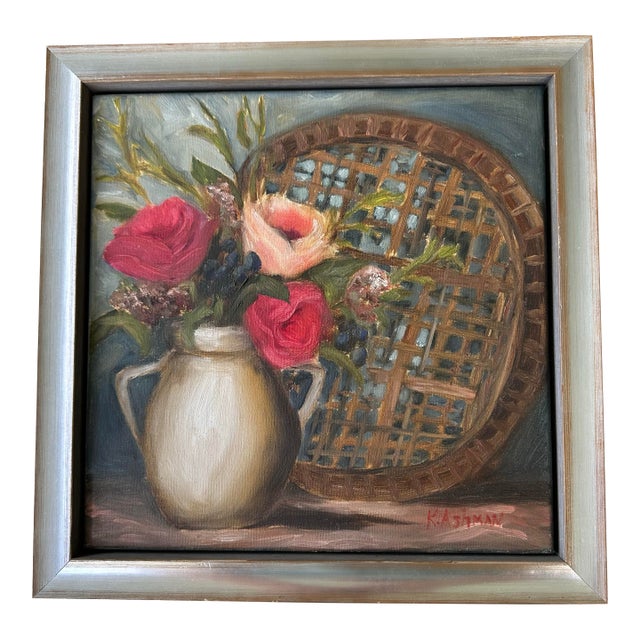 Roses and Berries in Vase Still Life Framed Oil Painting, the Weaver's Table by Artist Kristin Ashman For Sale