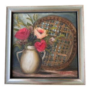 Roses and Berries in Vase Still Life Framed Oil Painting, the Weaver's Table by Artist Kristin Ashman